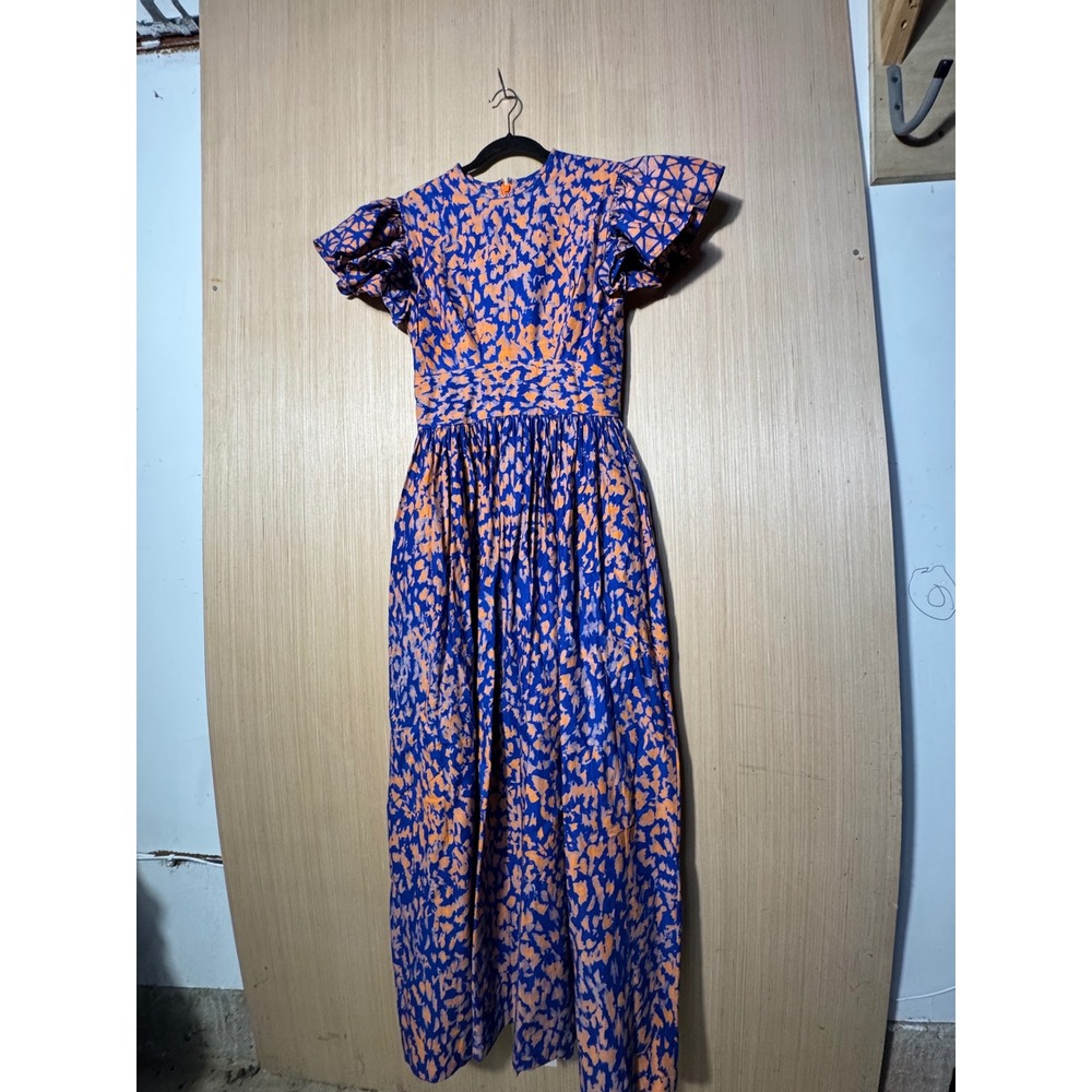 Sika Ghana Cotton Maxi Dress Blue Orange Abstract Print Ruffle Sleeve Pockets